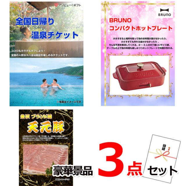 ビンゴ・イベントの景品はお任せ！ 全国日帰り温泉チケット＆コンパクトホットプレート＆米沢天元豚豪華３点セット 【景品パネル＆引換券付き目録】15094