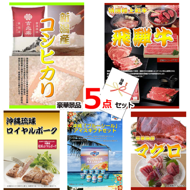 新潟産コシヒカリ＆飛騨牛焼肉＆沖縄琉球ロイヤルポーク豪華５点セット 【景品パネル＆引換券付き目録】15224