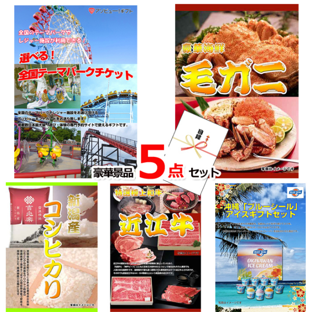 選べる！全国テーマパークチケット＆毛がに＆魚沼産コシヒカリ他豪華５点セット 【景品パネル＆引換券付き目録】15234