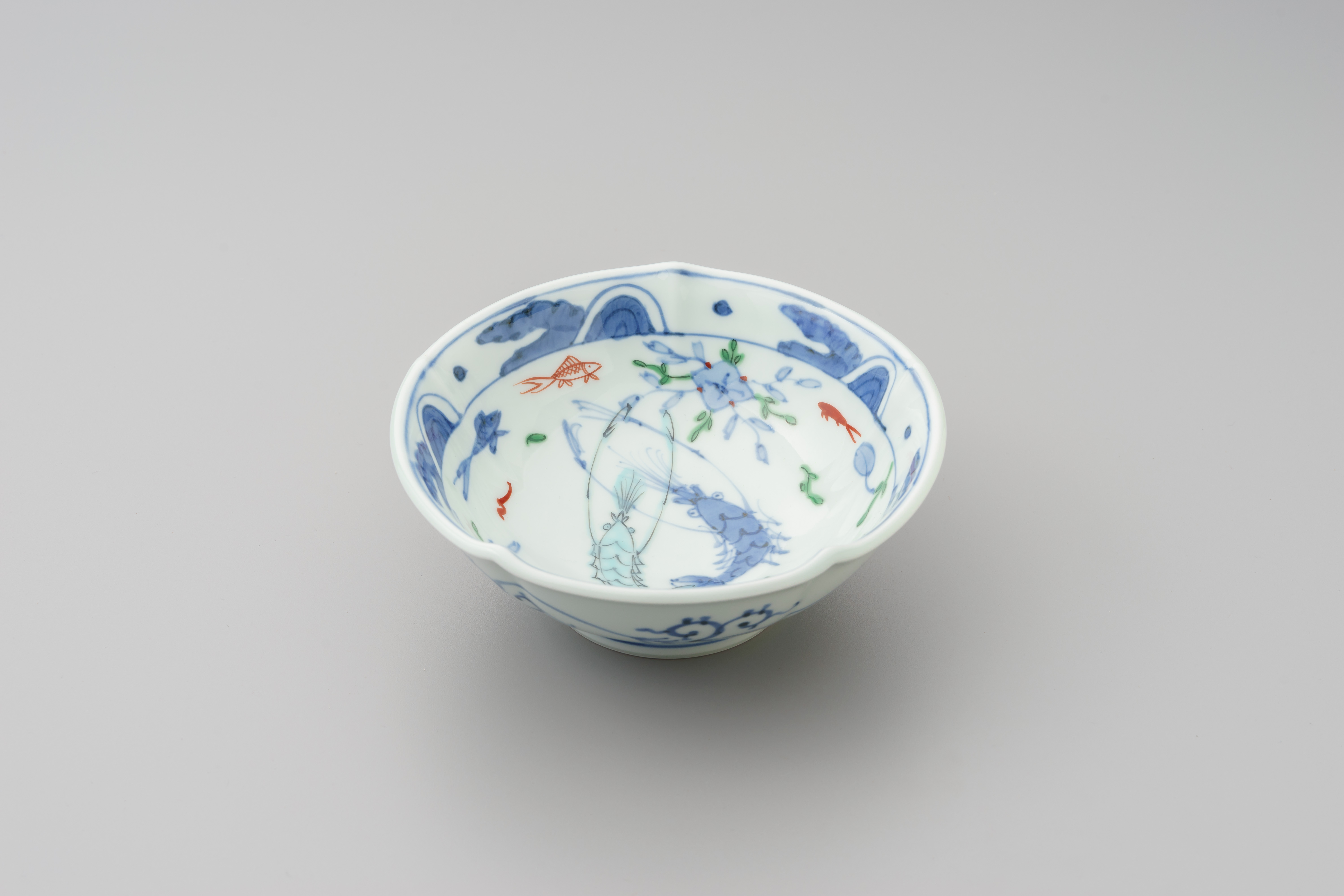 染錦双海老5寸輪花鉢