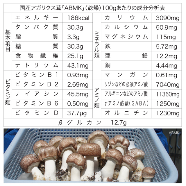 アガリクス茸仙生露は安心・安全の国産アガリクス茸「ABMK」を使用。協和発酵グループが開発した高機能アガリクスです。