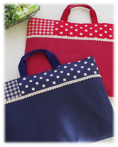 【ナチュラルドット＆チェック】絵本バッグ・手さげ袋（サイズ変更料込み）