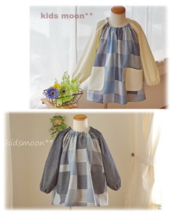 【パッチワークデニム】襟ゴム ラグラン袖 かぶりスモック