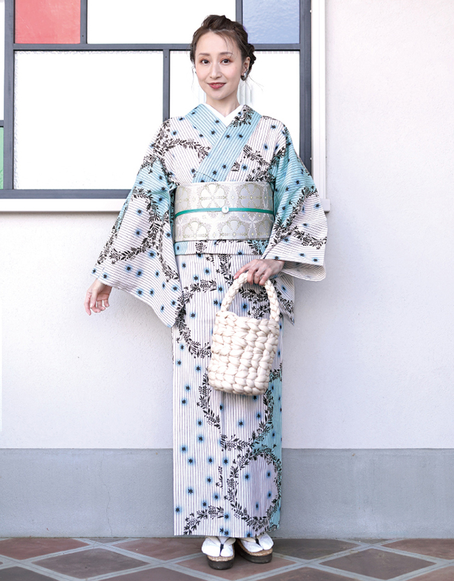 綿麻きもの 59kimono アンティークリース ライトブルー