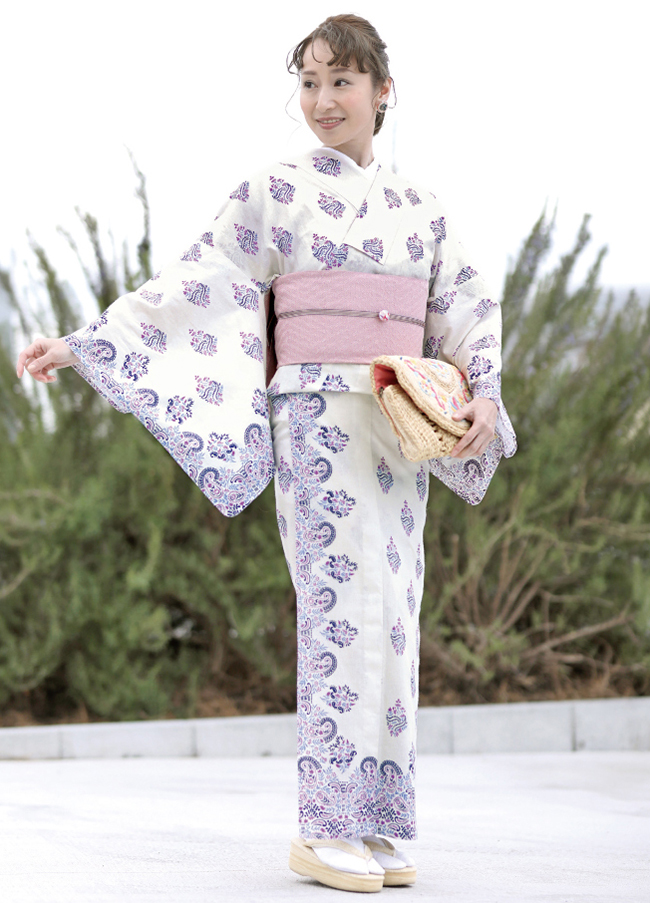 綿麻きもの 59kimono フレームサラサ ホワイト