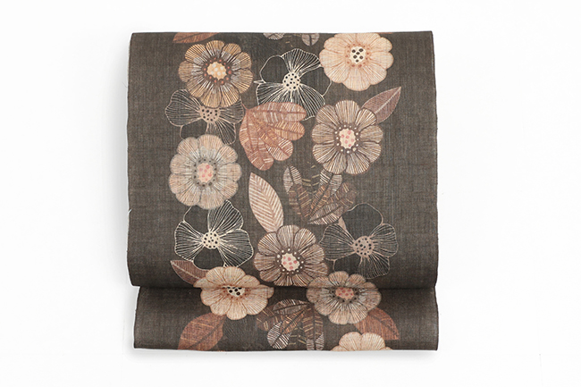 麻 九寸名古屋帯 夏帯 染め 花 焦茶