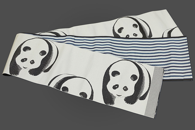 博多織 西村織物 正絹 半幅帯 Rライン 熊猫2 モノクローム　パンダ