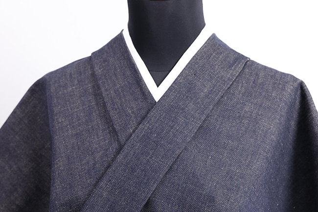 片貝木綿 木綿着物 紺仁工房 あやおり デニム 紺×ベージュ