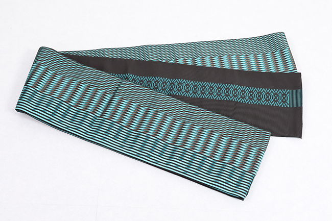 博多織 西村織物 正絹 半幅帯 結 絣縞 翠玉