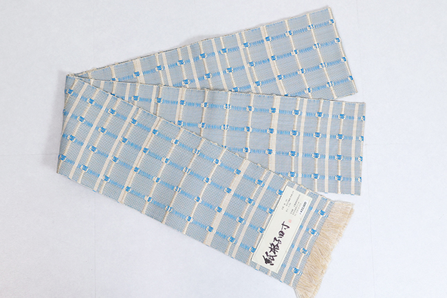 あづまやオリジナル 米沢織 近賢織物 半幅帯 紙格子四寸 生成り×水色