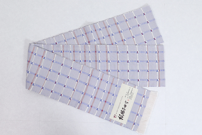 あづまやオリジナル 米沢織 近賢織物 半幅帯 紙格子四寸 青×白×赤