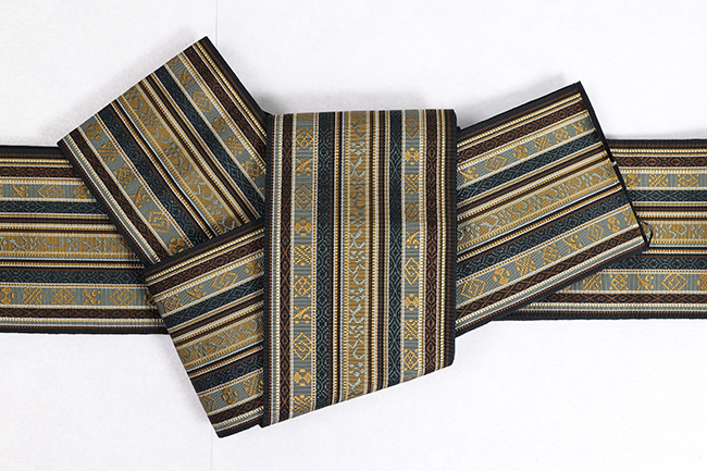 博多織 西村織物 角帯 正絹 更紗 カーキ×黒