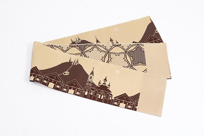 博多織 正絹 半幅帯 リバーシブル 函館の街×五稜郭 ベージュ×茶