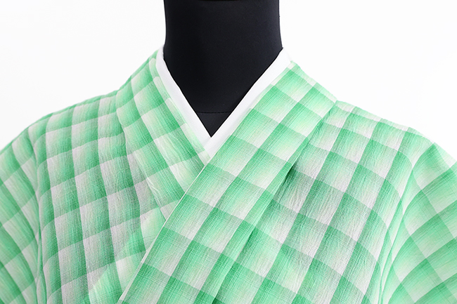 本麻 夏着物 小千谷ちぢみ 杉山織物 楊柳  チェック 緑