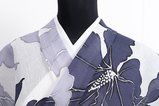 本麻 夏着物 近江ちぢみ 楊柳  花 白×紺