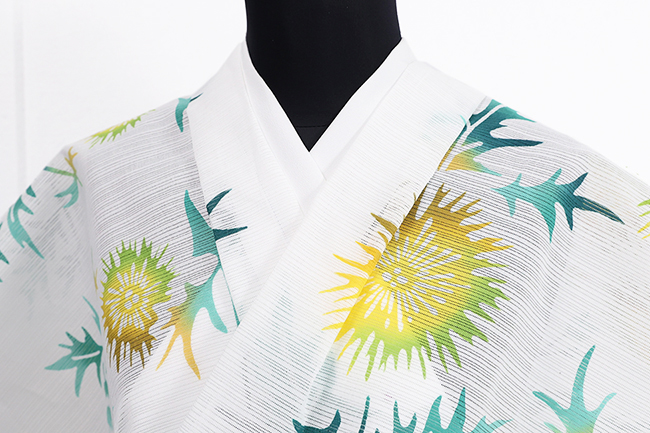 【TVCM上戸彩さん着用柄】竺仙(ちくせん) 浴衣（ゆかた）  綿絽白地〈あざみ〉 白×黄×緑