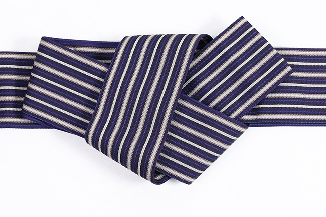 博多織 西村織物 麻絹 角帯 縞 紺×ベージュ