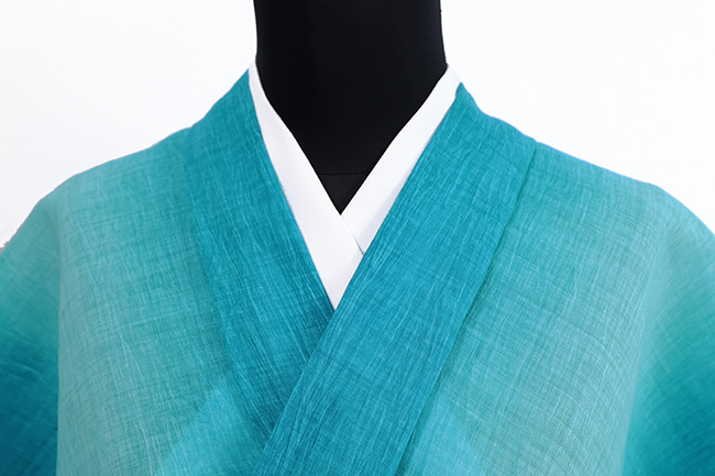近江ちぢみ 本麻 夏着物 広幅 楊柳  ぼかし 青緑
