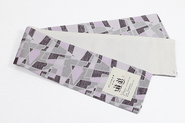 米沢織 近賢織物 半幅帯 リバーシブル 遊遊 幾何学 紫×灰色