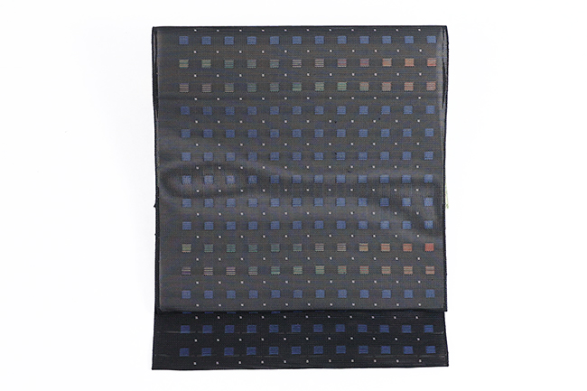 正絹 紗 八寸名古屋帯 博多織 大倉織物 誠之輔 夏帯  四角ドット 青