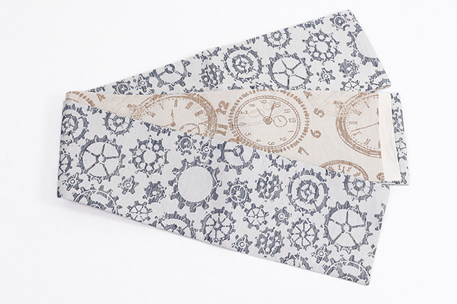 西陣織 蔦屋久兵衛 絹麻両面半幅帯 歯車 懐中時計 灰色×ベージュ