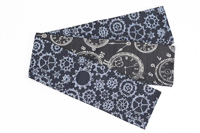 西陣織 蔦屋久兵衛 絹麻両面半幅帯 歯車 懐中時計 黒×灰色