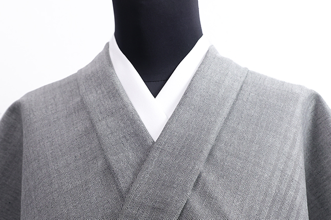 三勝 シルクウール着物 ヘリンボーン 灰色 ◆男女兼用◆