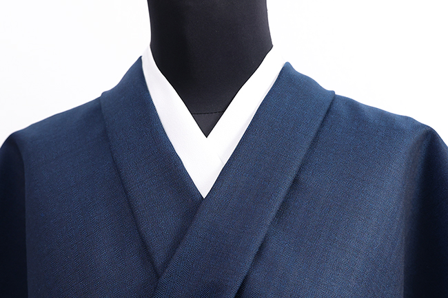 三勝 シルクウール着物  ヘリンボーン 紺色 ◆男女兼用◆