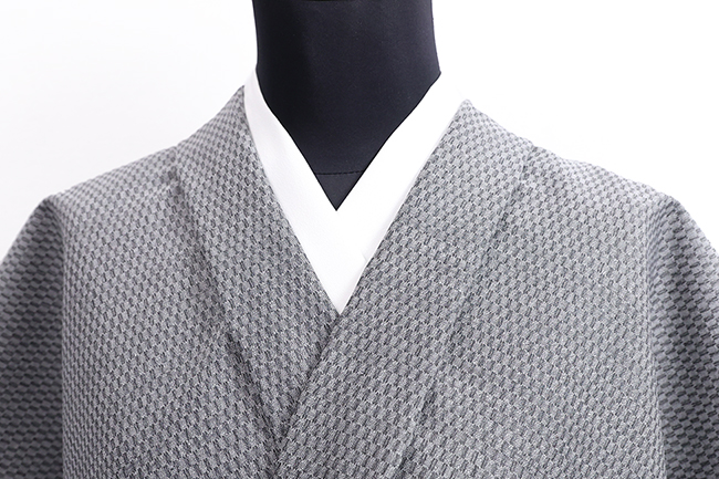 三勝 シルクウール着物 変わり市松柄 灰色 ◆男女兼用◆