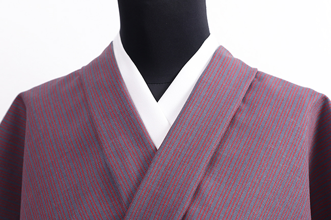 三勝 ウール着物 ストライプ 赤×灰色 ◆男女兼用◆