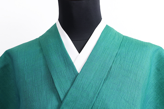 本麻 夏着物 近江ちぢみ 楊柳 無地 青緑