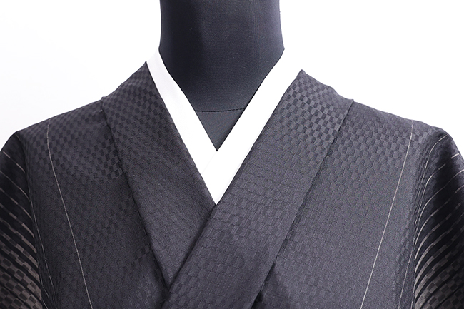 西陣 正絹 お召し 広幅 オーダー仕立て付き 縞市松 黒×グレー