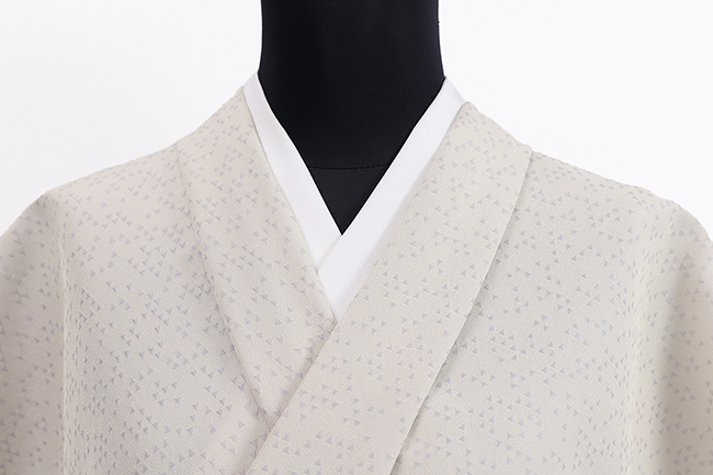 ワタマサ 洗える正絹 【お召し】 三角 ベージュ×灰色