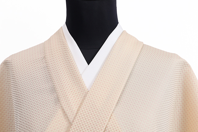 ワタマサ 洗える正絹 【お召し】 小市松 ベージュ×ピンク