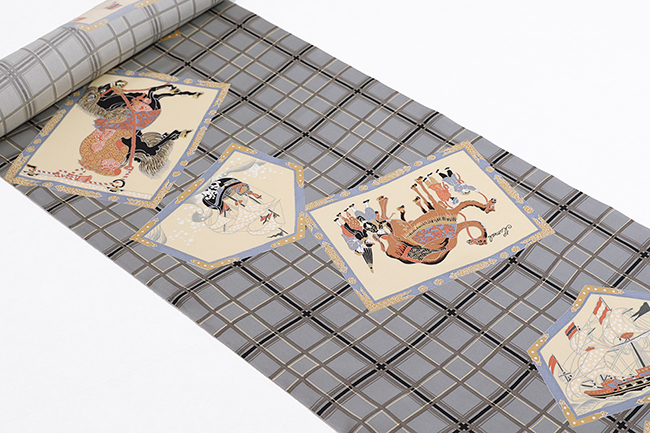 正絹 長襦袢 広幅 男女兼用 南蛮船と異人 灰色