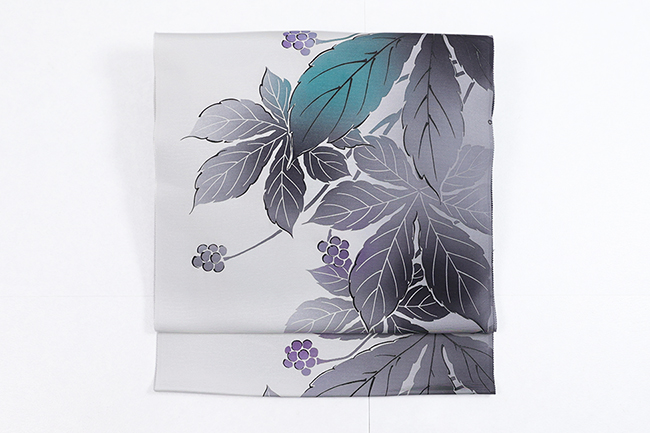 小室庵×あづまやオリジナル 正絹 九寸名古屋帯 ろうけつ染め ヤツデ 灰色×青緑