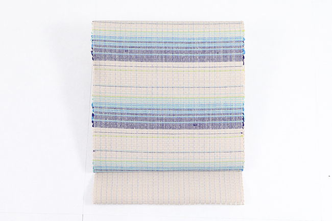 本場結城紬 正絹 八寸名古屋帯 真綿手紬糸 縞 白×水色