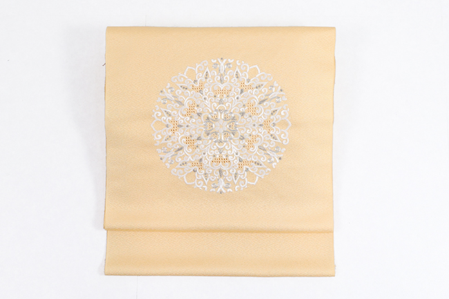 正絹 九寸名古屋帯 手刺繍 アラベスク紋様 黄色