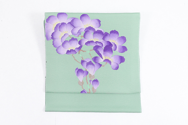 正絹 九寸名古屋帯 染め コブシの花 薄緑×紫