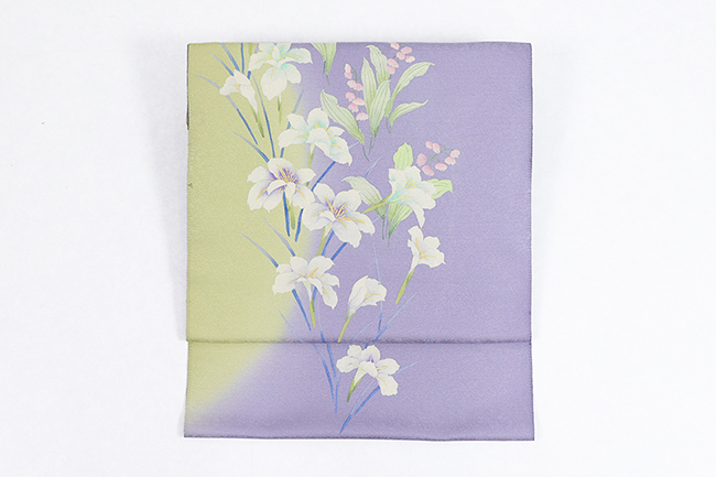 打越徹王 京友禅 正絹 九寸名古屋帯 友禅染め 姫あやめ すずらん 紫×黄緑