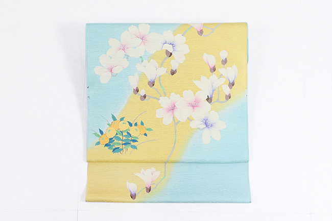 打越徹王 京友禅 正絹 九寸名古屋帯 友禅染め コブシの花 秋草 水色×黄色