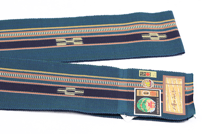 沖縄 伝統的工芸品 八重山ミンサー 木綿 角帯 青緑×橙
