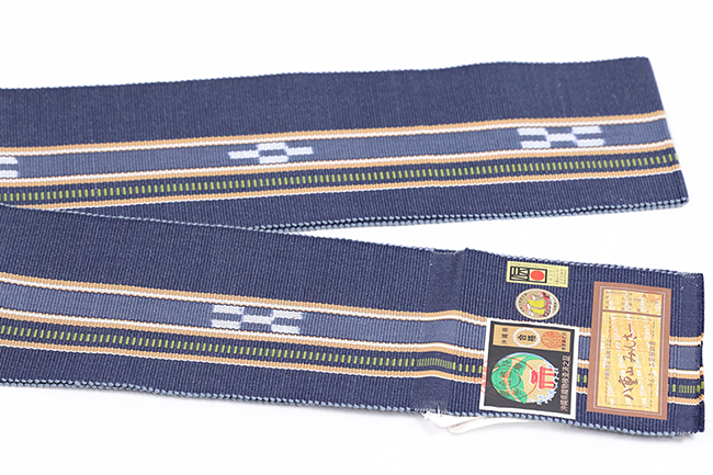 沖縄 伝統的工芸品 八重山ミンサー 木綿 角帯 紺×黄土色