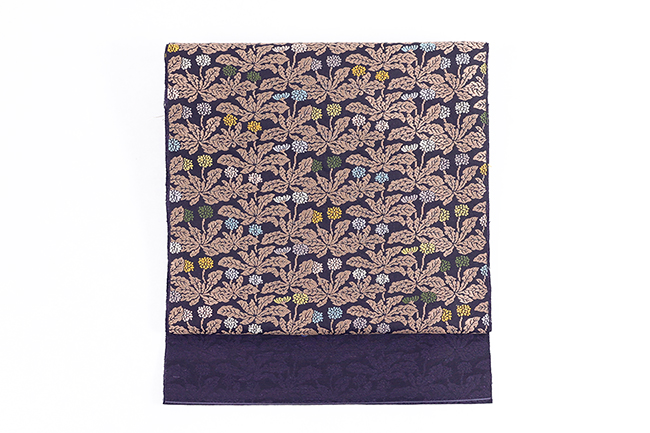 京都 西陣 勝山織物 正絹 九寸名古屋帯 蒲公英 紺×茶×黄色