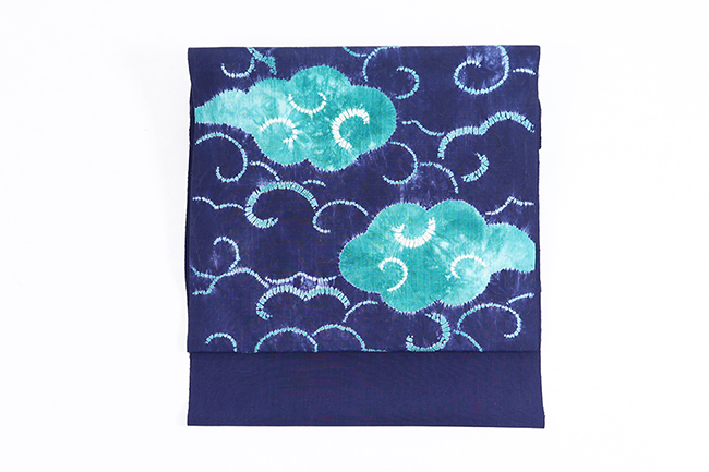 藤井絞り 正絹 九寸名古屋帯 絞り染め 雲玄 紺×青緑