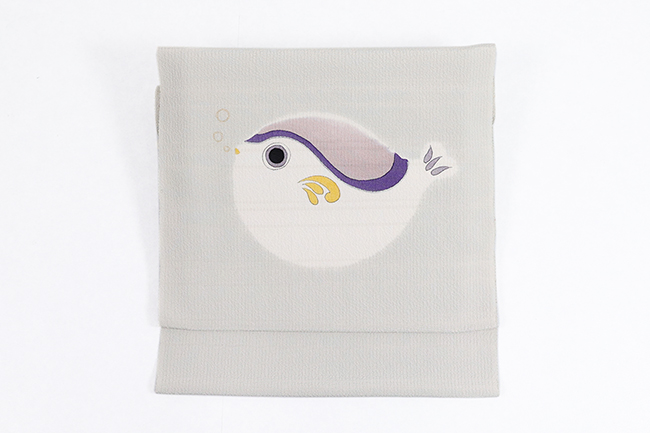 正絹 九寸名古屋帯 浜ちりめん 染め ふぐ 灰色×紫×白