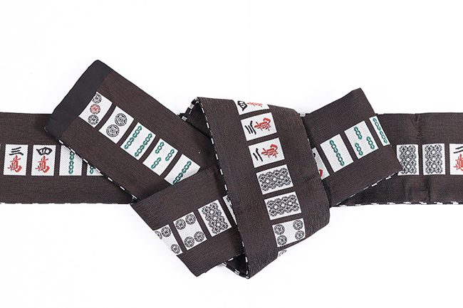 西陣織 蔦屋久兵衛 両面角帯 絹麻 麻雀 タンヤオ三色一盃口 チャコールグレー