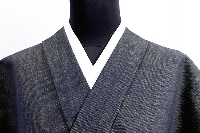 片貝木綿 木綿着物 紺仁工房 あやおり デニム 濃紺×黄緑