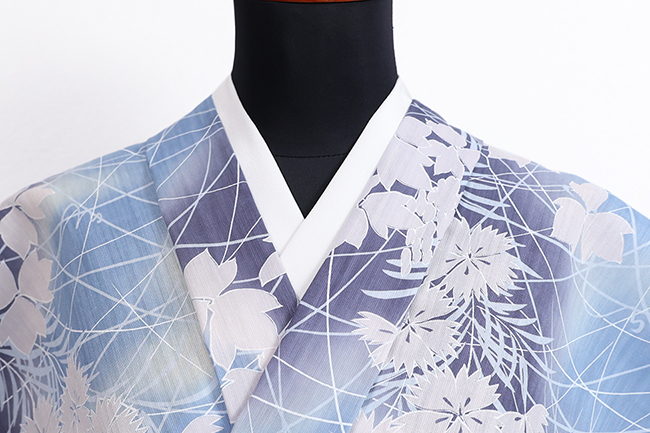 源氏物語 浴衣(ゆかた) 綿麻 注染 秋草 水色×紺 ◆女性にオススメ◆