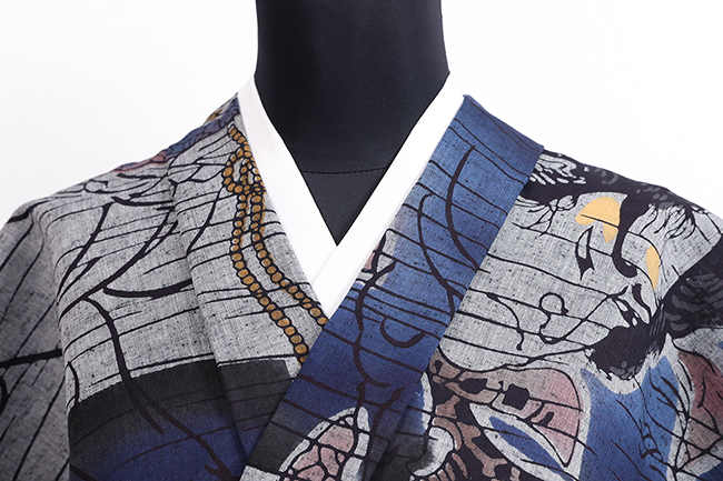 三勝 浴衣(ゆかた) 清水敬三郎 歌川国芳/小子部栖軽豊浦里捕雷 紺×灰色 ◆男女兼用◆